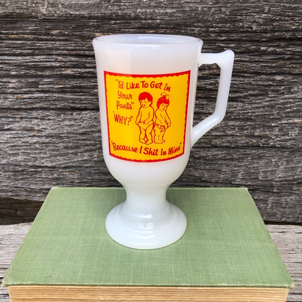 Vintage White Milk Glass Mug with Humorous Print naughty 70s glassbake cup 1970s